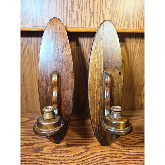 Vintage Wooden Wall-Mounted Candle Holders - Set Of 2 - Dark Wood Finish - Oval - Picture 1 of 11